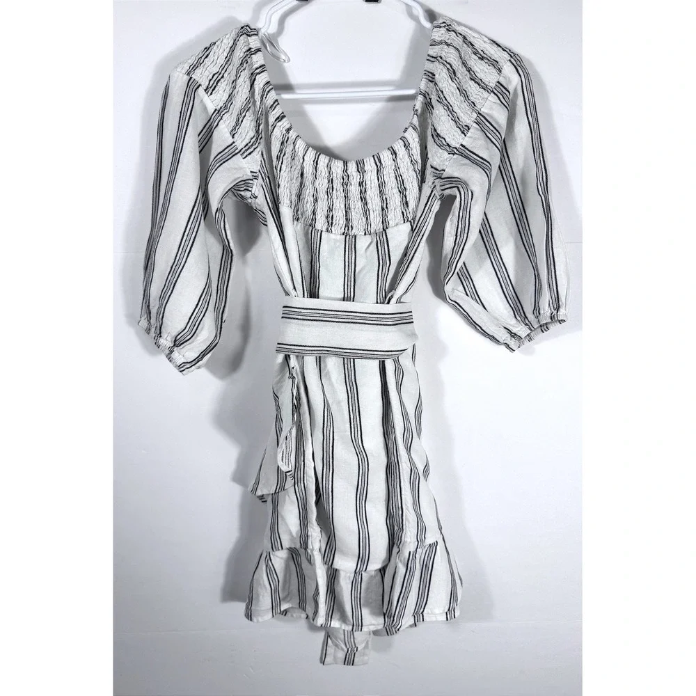 Sugar Lips Striped Linen Smocked Cottagecore Ruffle Mini Dress Approx. Med‎